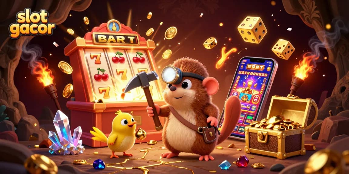 Engage in slot gacor excitement with a treasure hunter mole and vibrant casino elements bursting with rewards.