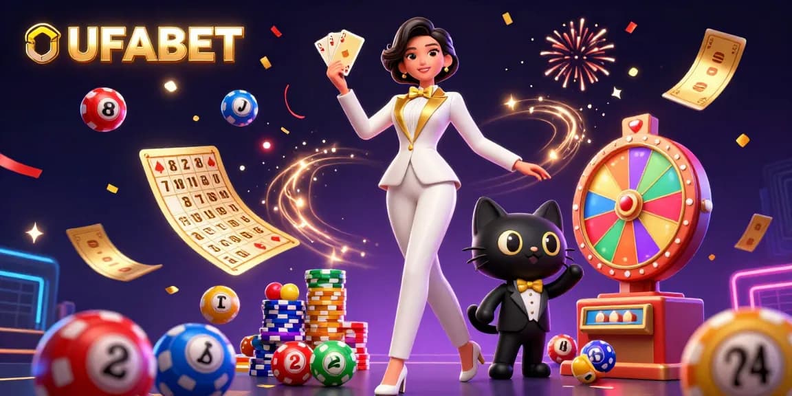 Experience thrilling moments with UFABET as a glamorous gambler shuffles cards alongside a dapper cat, surrounded by vibrant lottery elements.