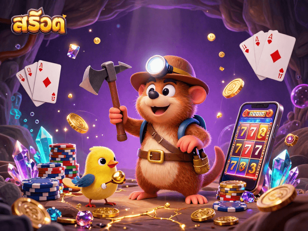 Engage with exciting สล็อต gameplay illustrated through a treasure hunter mole and vibrant casino elements.