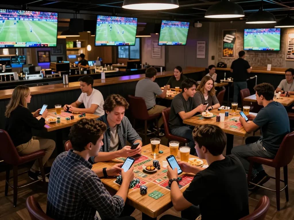 Exciting sports betting scene with friends using sites scommesse stranieri legali on their smartphones while enjoying live games.