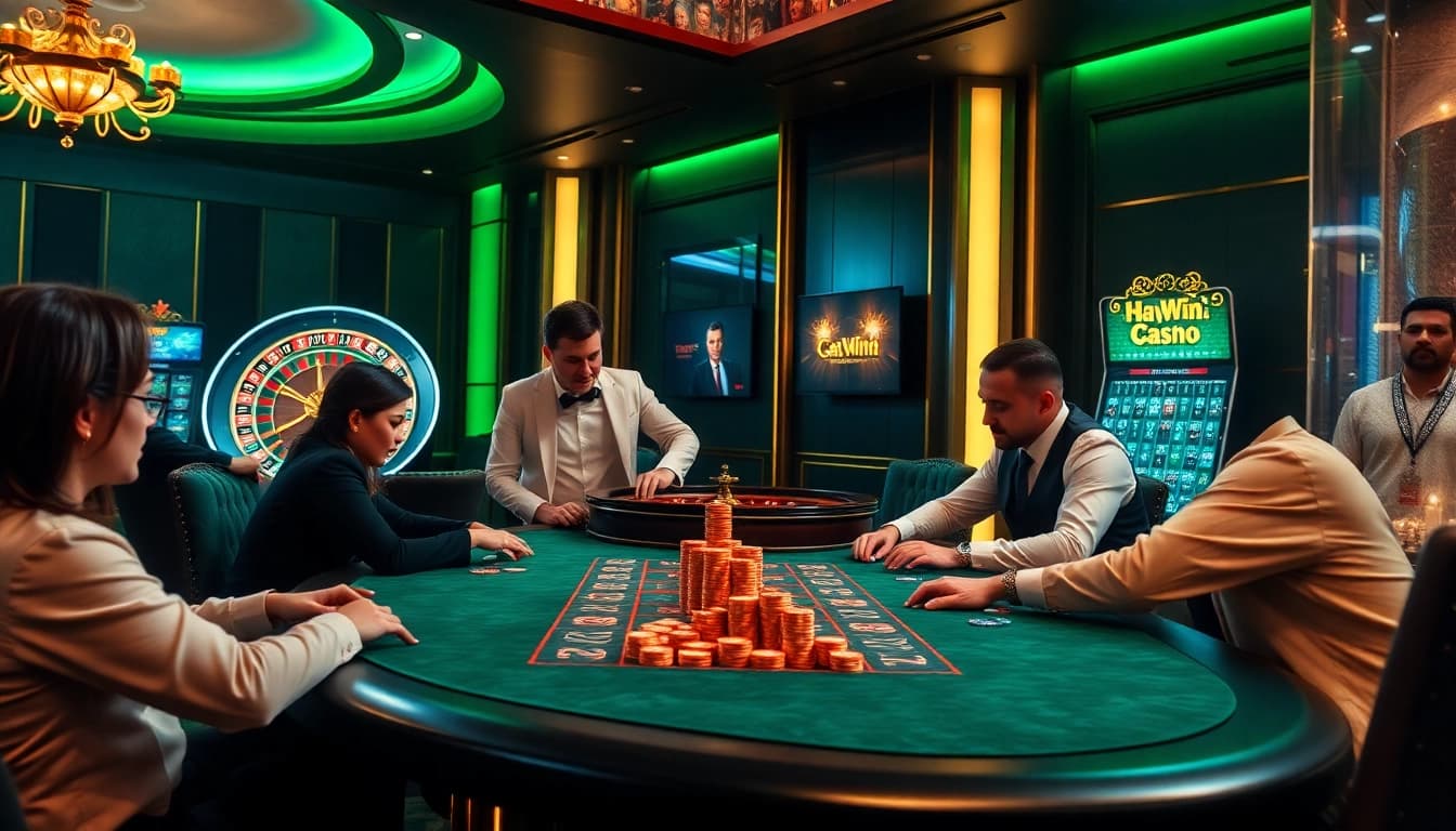 Experience excitement at hay.win with a lively poker game amidst a luxurious casino setting.