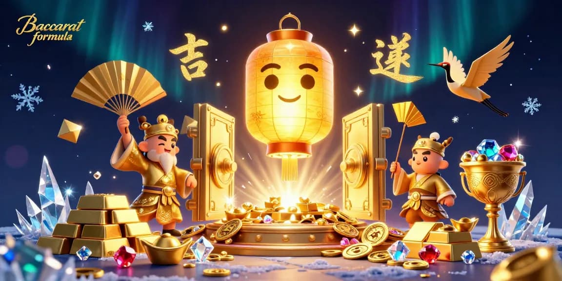 Play and win with Baccarat formula in a dynamic casino scene, featuring golden aesthetics and spirited characters.