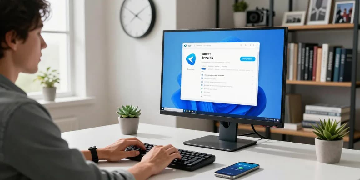 Workspace featuring telegram中文 interface on a modern computer setup, emphasizing tech communication.