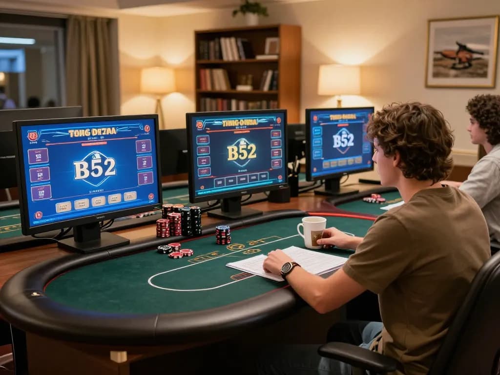B52 poker gaming scene at home, showcase player engaged in online strategy and gaming interface