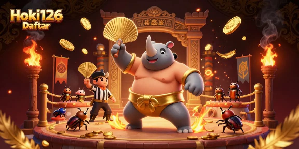 Experience thrilling wins with Hoki126 Daftar, featuring a powerful beetle sumo battle amidst golden coins and vibrant colors.