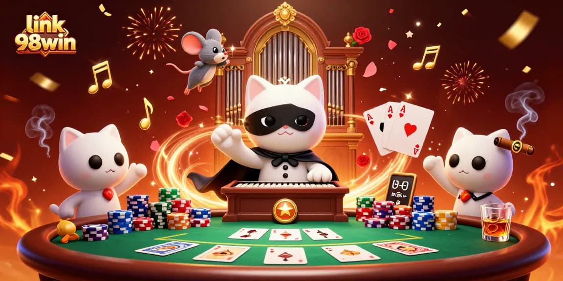 Engage with link 98win through an exciting 3D casino illustration showcasing dynamic characters and poker elements.