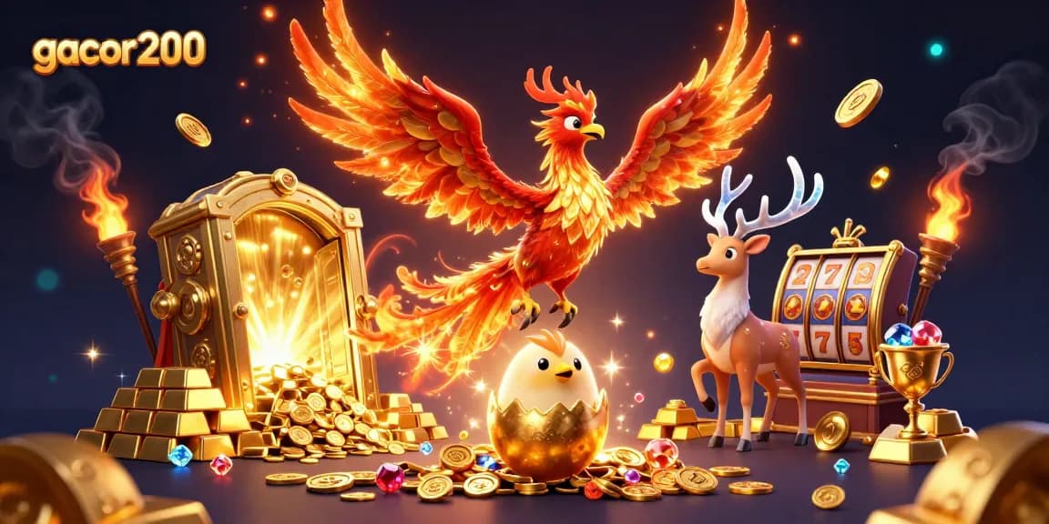 Engage with gacor200's captivating 3D scene showcasing a phoenix, gold treasures, and slot elements.