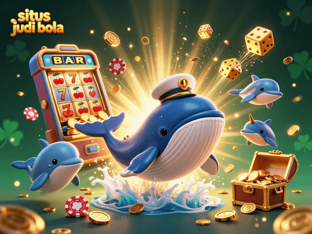 Experience situs judi bola excitement with a vivid 3D scene of a whale, narwhal, and dolphins amidst casino gaming elements.