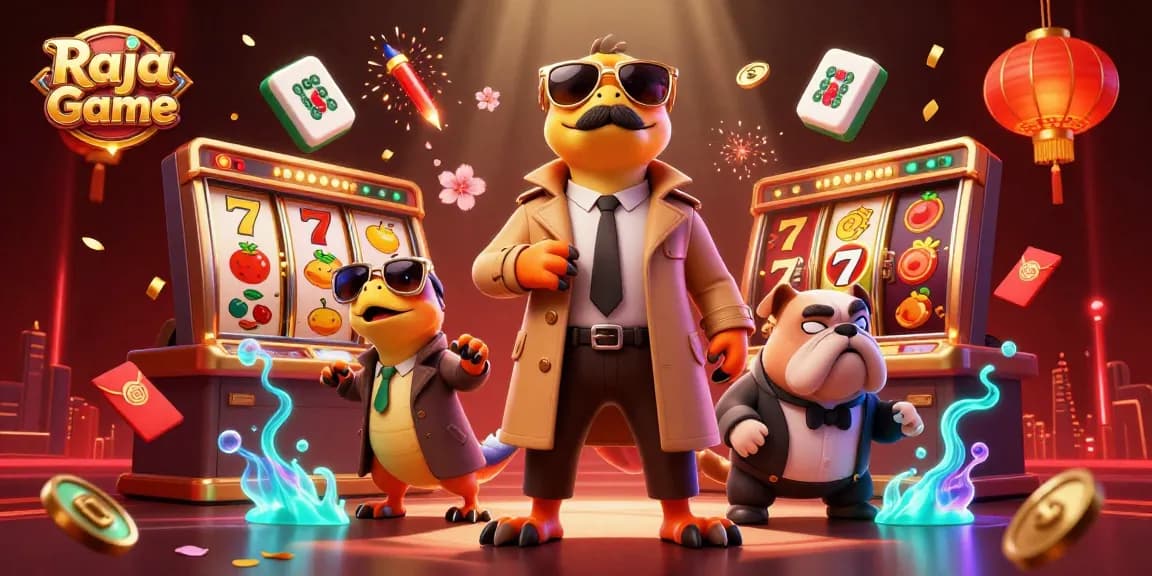 Experience the excitement of Raja Game with vibrant slot machines and playful characters in action.