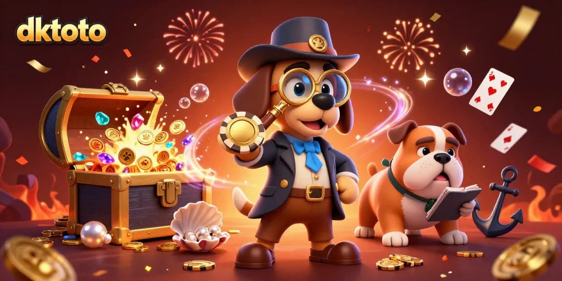 Engage in thrilling adventures with dktoto as a detective bloodhound examines poker chips amidst treasures.