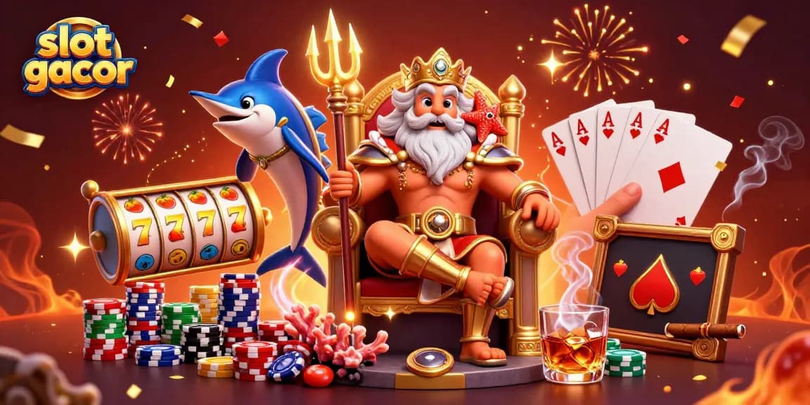 Slot gacor menghadirkan ilustrasi karakter kasino 3D dengan suasana meriah di latar belakang.