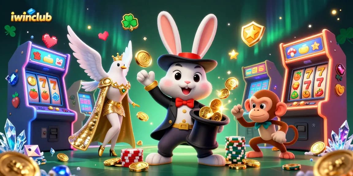 Experience excitement with iwinclub's 3D characters in a vibrant casino-themed illustration.