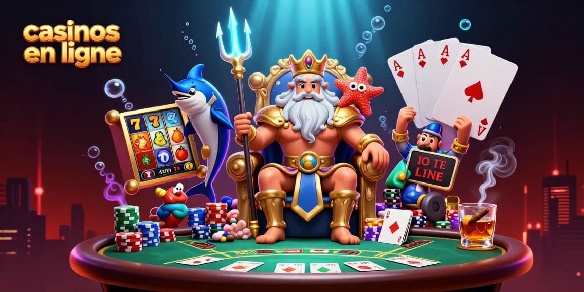 Jouez aux casinos en ligne avec cette illustration 3D de Neptune entouré d'éléments de jeu captivants.