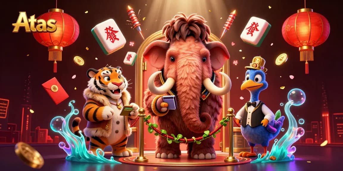 Atas casino scene with a bouncer checking IDs, a VIP saber-tooth tiger, and colorful floating game elements.