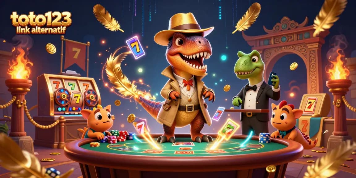 Toto123 link alternatif cartoon illustration of a velociraptor card counter at a casino, enriched with slot reels and golden coins.