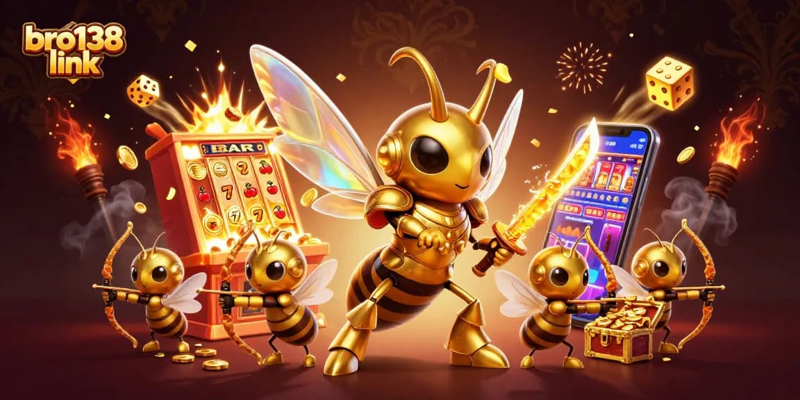 Experience the thrilling world of slots with the bro138 link, featuring a dynamic 3D casino scene of a golden hornet.