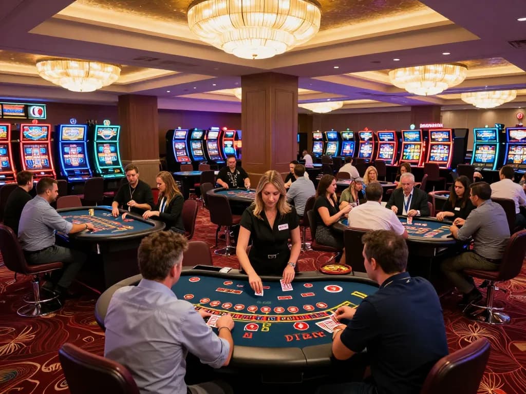 Players enjoying blackjack and roulette in a lively casino non aams europei atmosphere with vibrant lights and colorful decor.