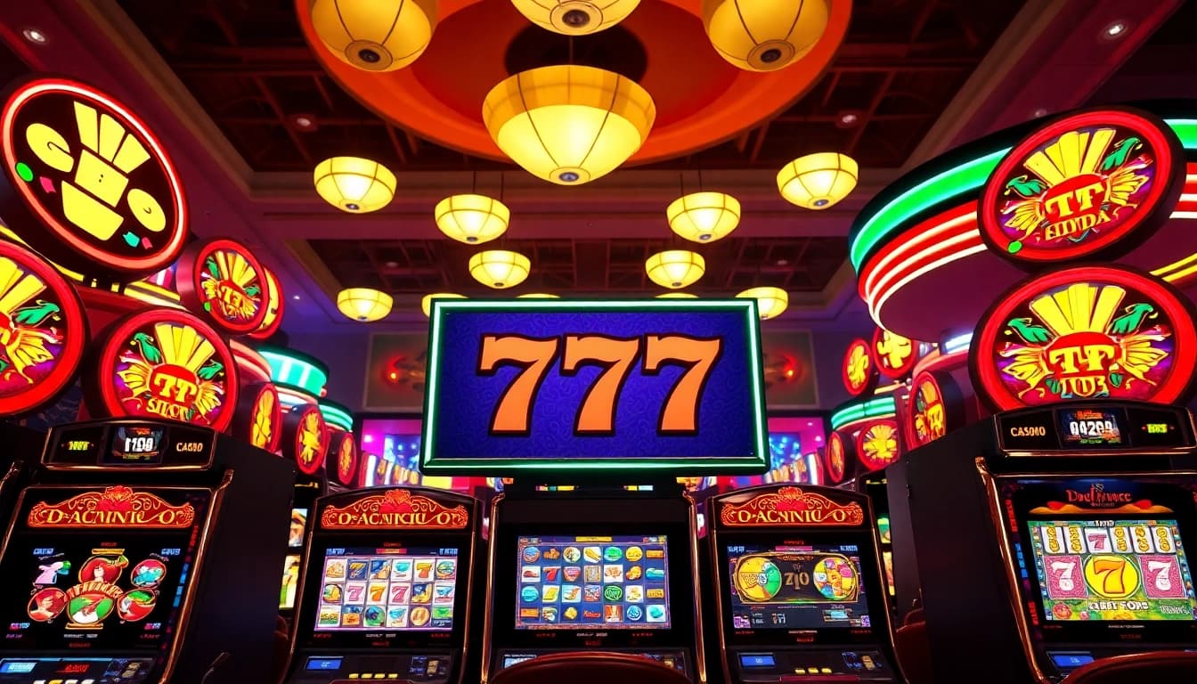 Rasakan keseruan bermain slot 777 di kasino dengan mesin yang berkilauan dan suasana ceria.