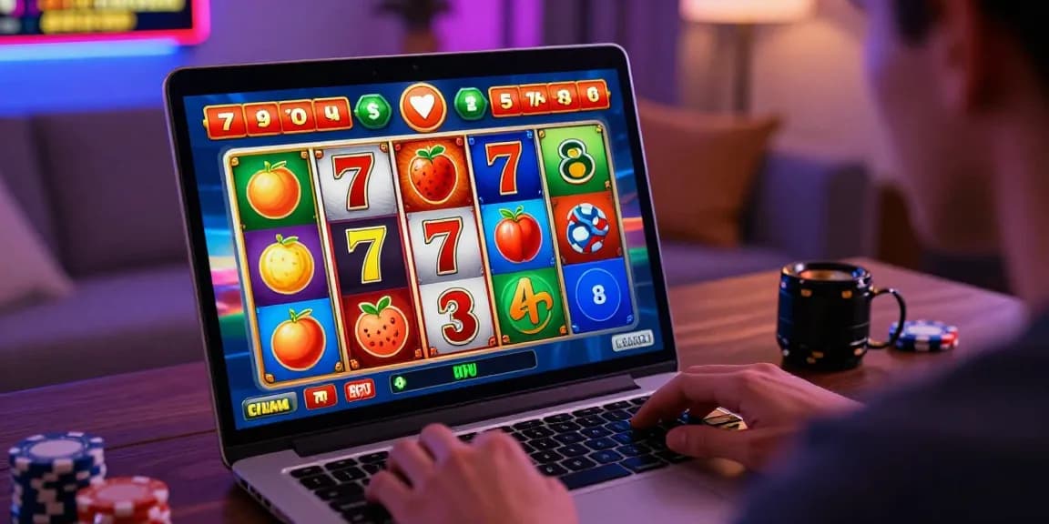 Player enjoying slot depo 1000 games online at home with colorful screen and gaming elements.