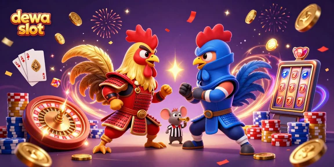 Gamer menang dengan dewa slot dalam pertarungan ayam bergaya sambil mengumpulkan koin dan permata.