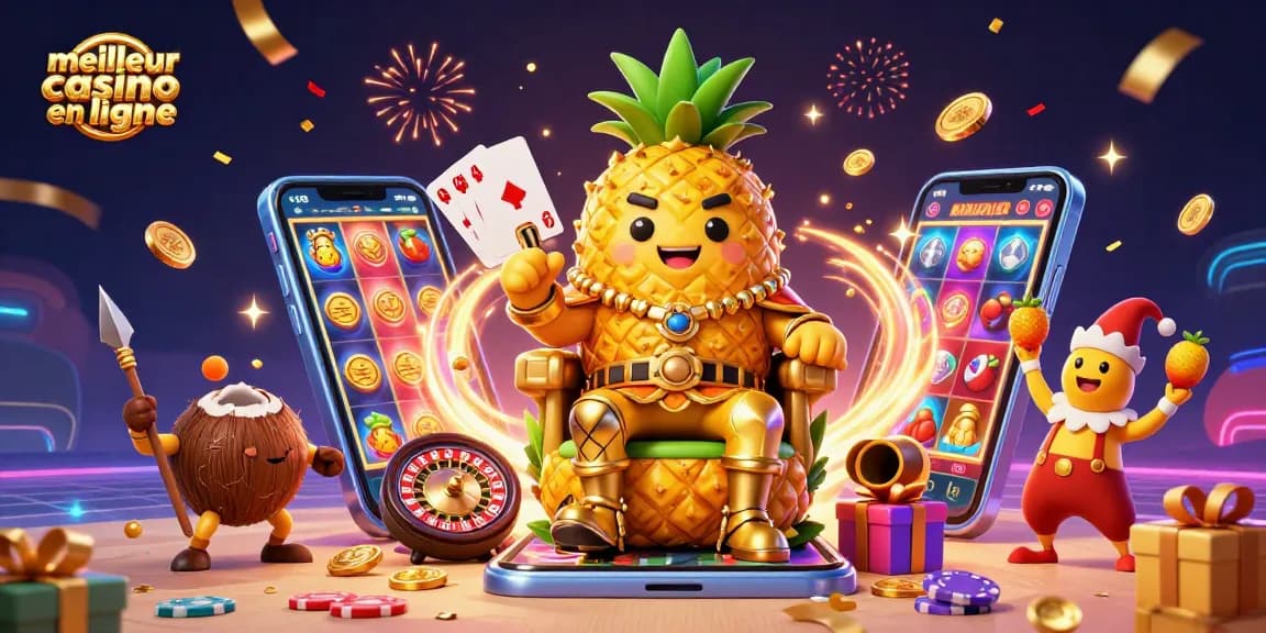 Jouez et gagnez au meilleur casino en ligne avec un roi ananas en 3D dans une scène festive.