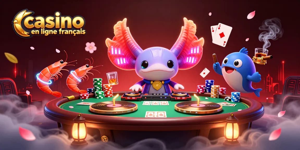 Vivez l'excitation du casino en ligne français avec un DJ axolotl vibrant et une ambiance festive.