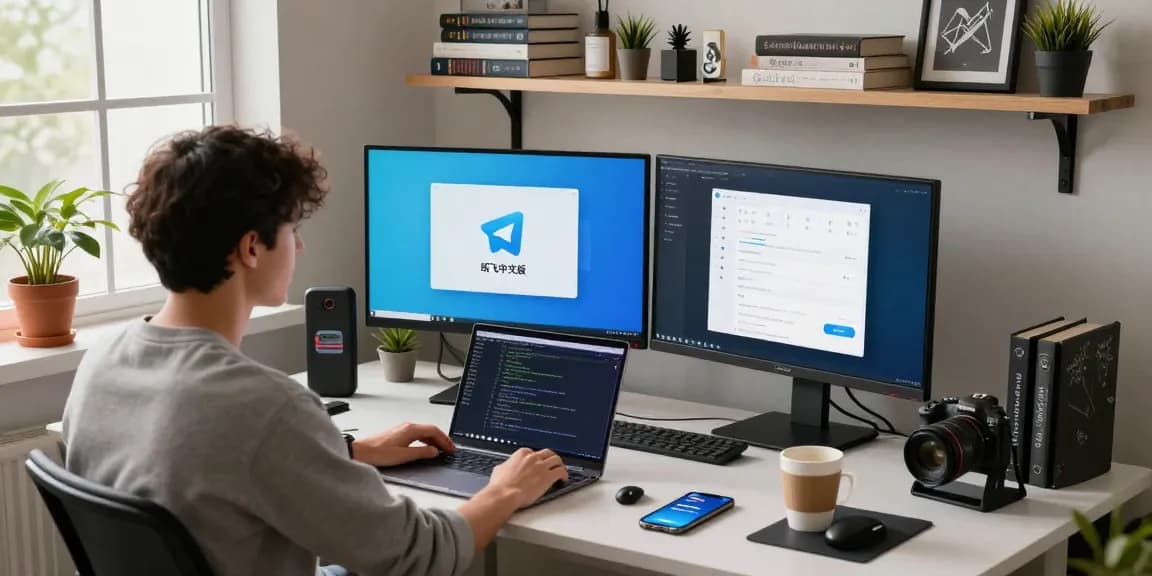 Explore the features of 纸飞机中文版 in a modern tech workspace with multi-monitors and natural light.