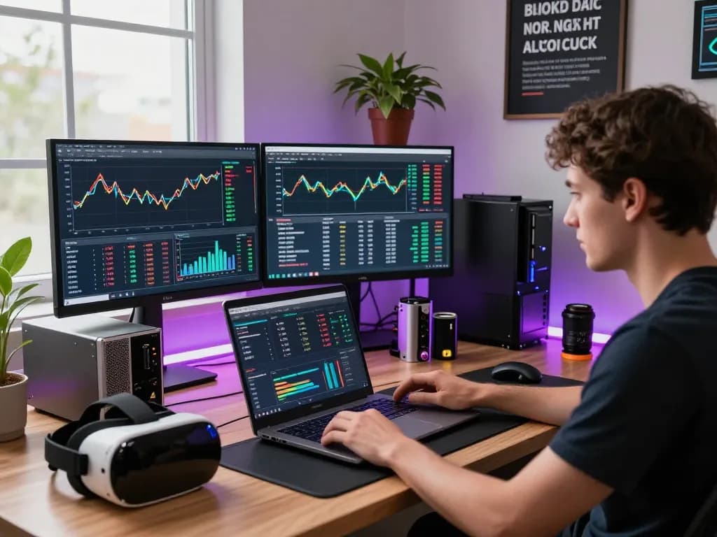 Analyzing the best cloud mining website with live cryptocurrency performance metrics in a modern tech workspace.