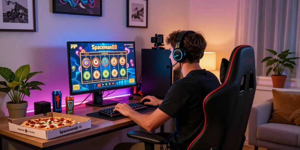 Gamer enthusiastically playing Spaceman88 slot game in a vibrant home setup with LED lights and gaming memorabilia.