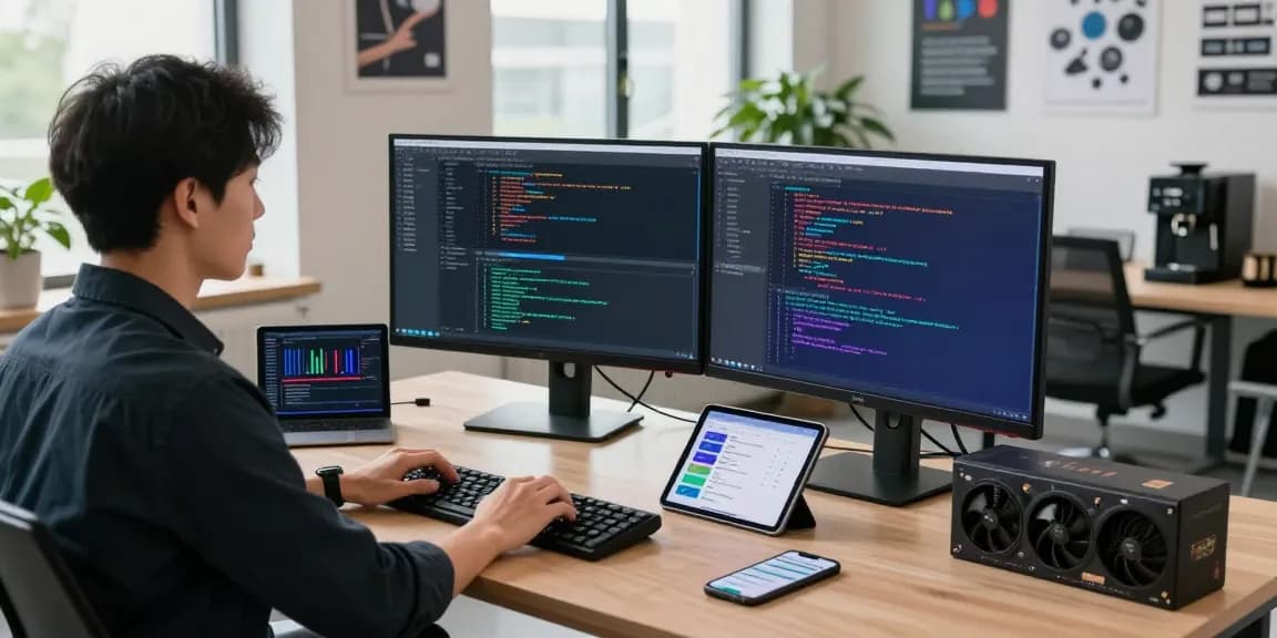 Developer coding the NAGA2000 application in a modern workspace filled with tech gadgets and sunlight.