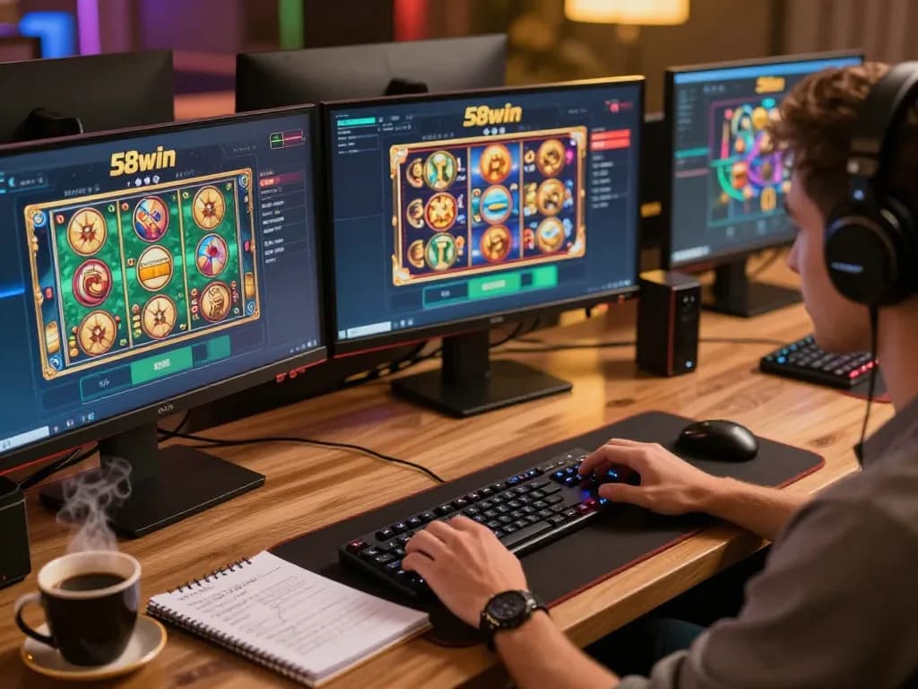 Player engaging in exciting gameplay on 58win's online casino platform, surrounded by strategic notes and coffee.