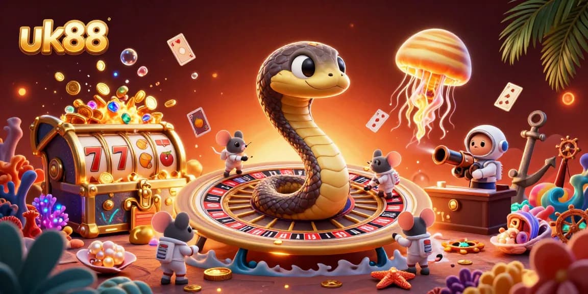 Bet with uk88 in a vibrant 3D casino scene featuring cartoon characters and colorful gambling elements.