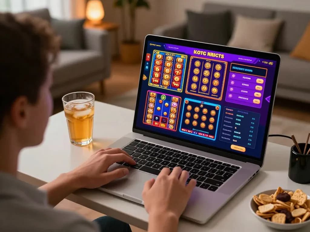 Casinò online italiani non aams gameplay with excitement at home, showcasing laptop and gaming interface.
