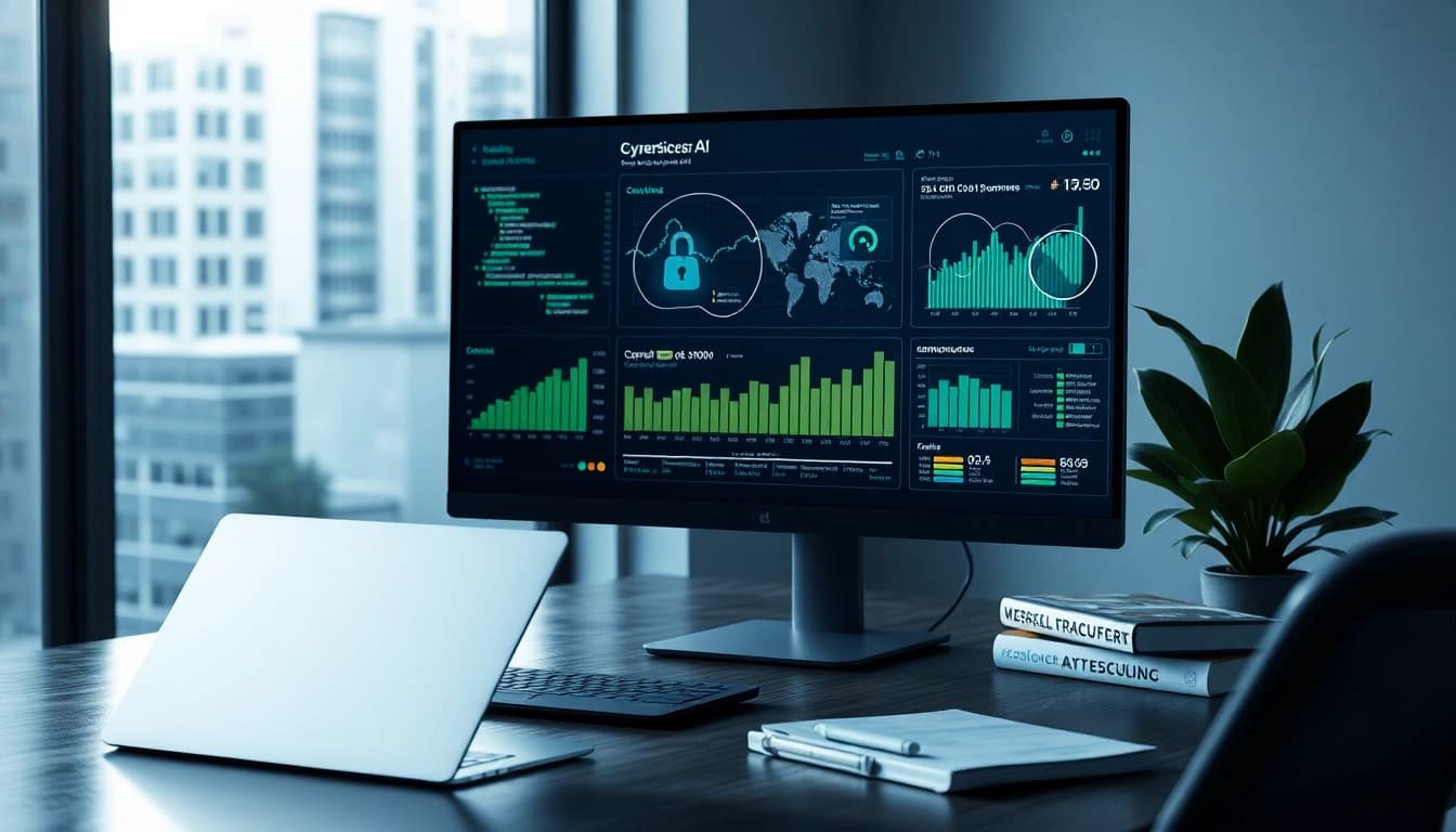 Cybersecurity AI interface in a modern workspace showcasing data analytics.