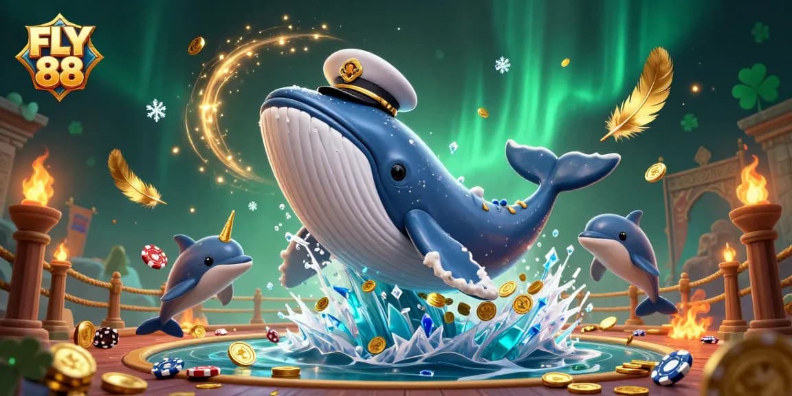 FLY 88 showcases a spectacular casino adventure with a whale, narwhal, and dolphins playing poker amidst gold coins.