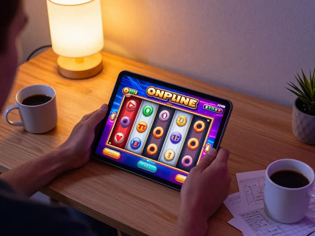 Engaging in slot online gaming using a tablet, showcasing colorful interface and cozy home environment.