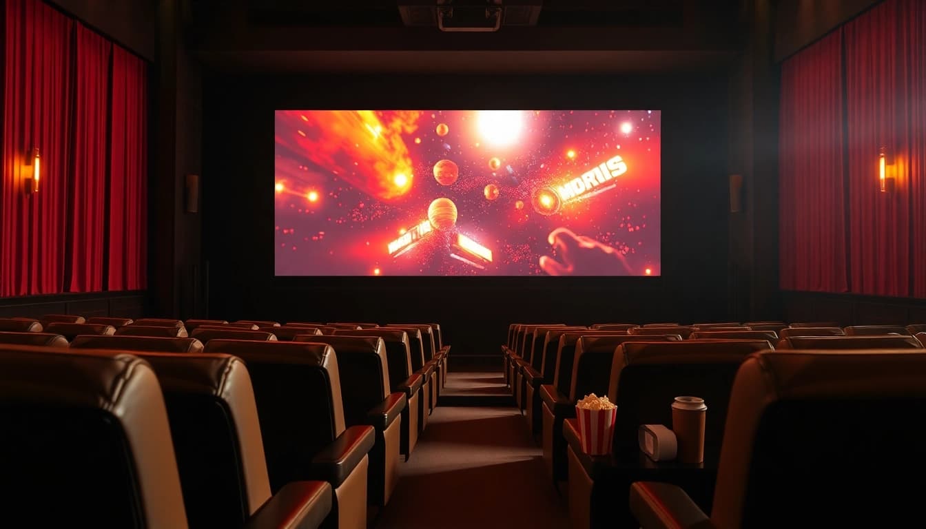 กำลังดูหนังในโรงภาพยนตร์ที่อบอุ่นและมีบรรยากาศน่าสนใจ