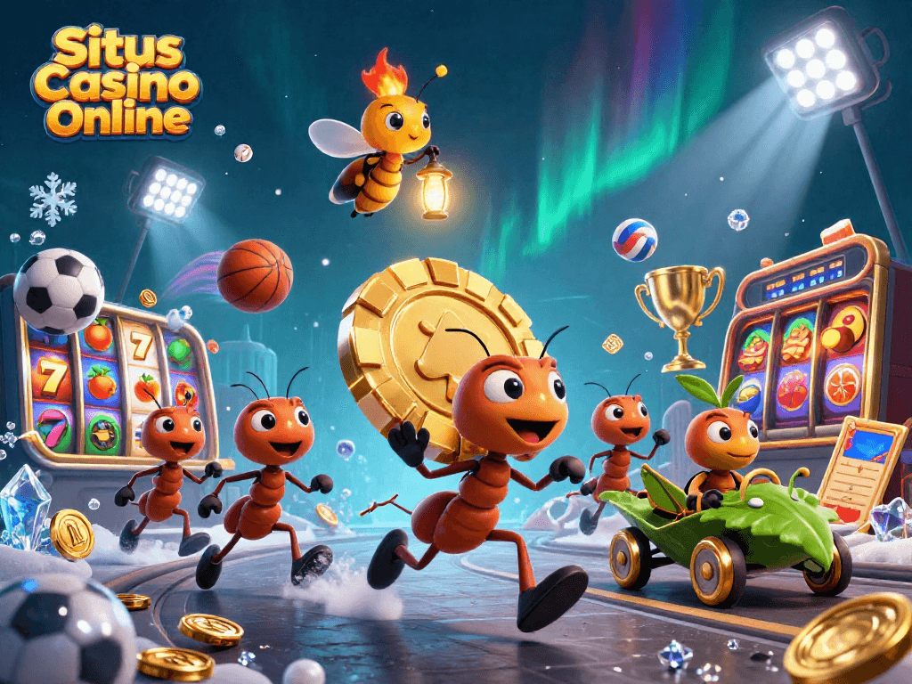 Situs Casino Online showcases a vibrant scene with ants heisting a giant poker chip in 3D.