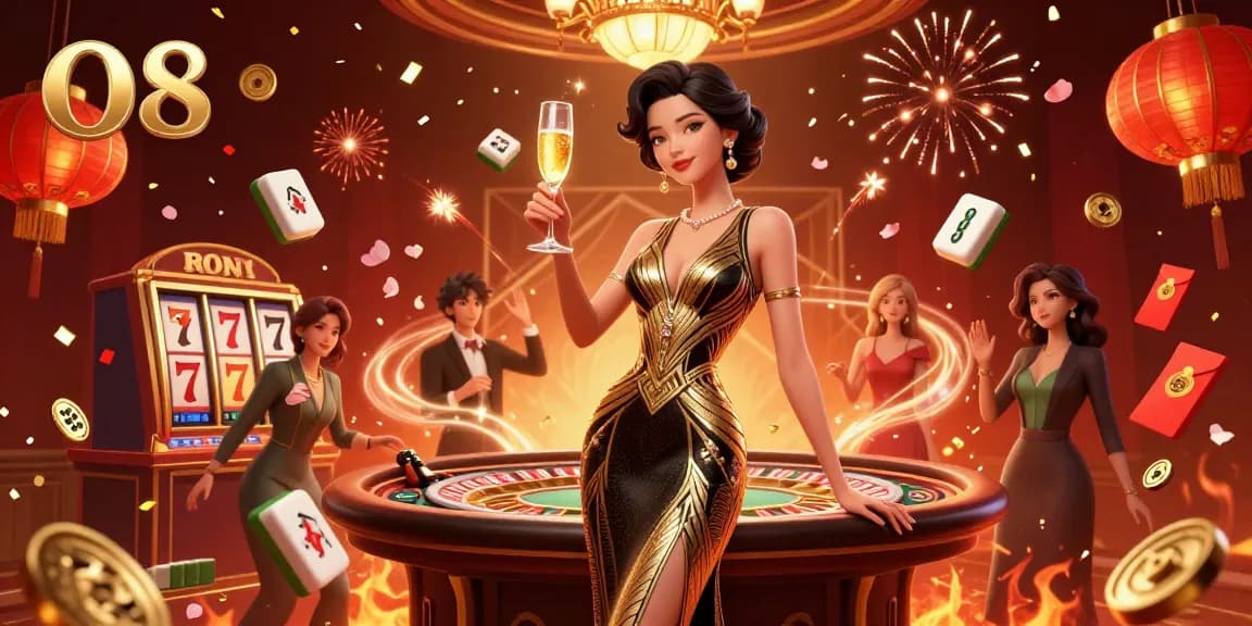 Experience thrilling jackpots and exciting gameplay at O8, featuring elegant casino elements in a vibrant celebration.