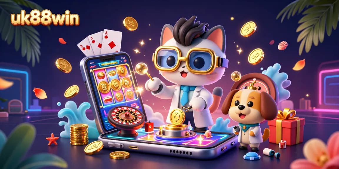 Experience thrilling wins with uk88win's vibrant 3D casino illustration featuring exciting games.
