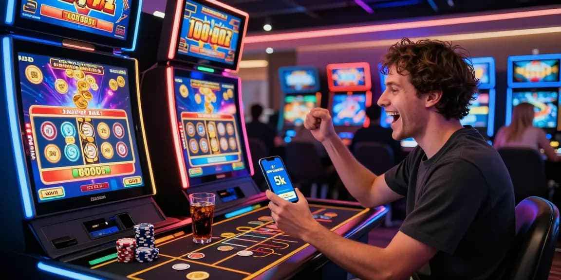 Player celebrating at a live casino gaming desk with a slot deposit 5k feature visible, surrounded by lively gaming atmosphere.
