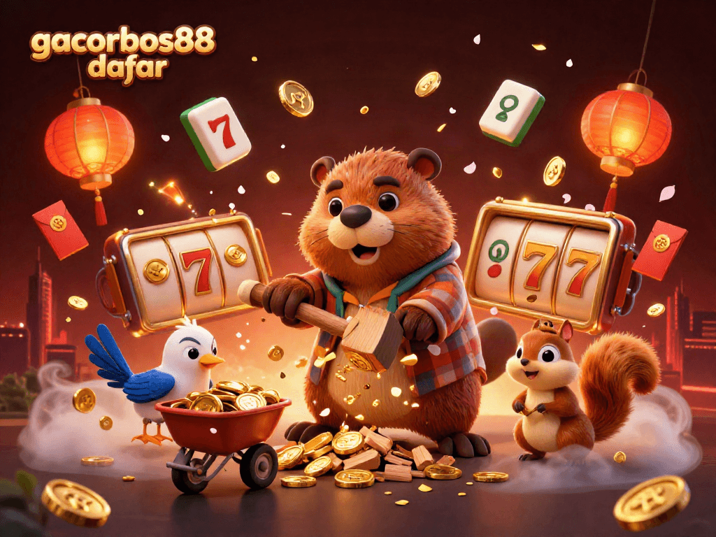 Experience gacorbos88 daftar with a lively 3D illustration of a beaver and friends amidst gold coins and dynamic casino elements.