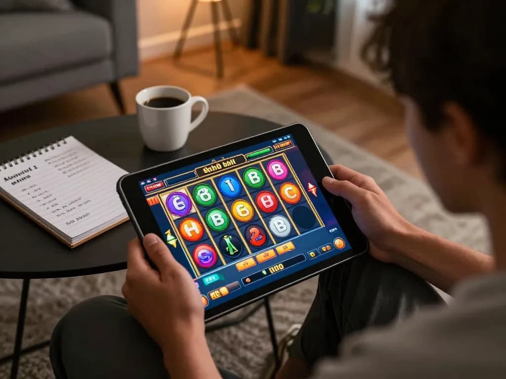 Nổ hũ slot game engagement through tablet in cozy home setting.