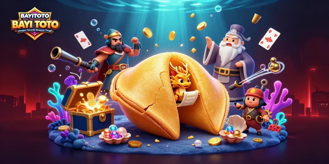 BAYITOTO Platform Togel Online Terpercaya BAYI TOTO dengan Peluang Menang Tinggi showcases vibrant gaming elements in a dynamic 3D scene.