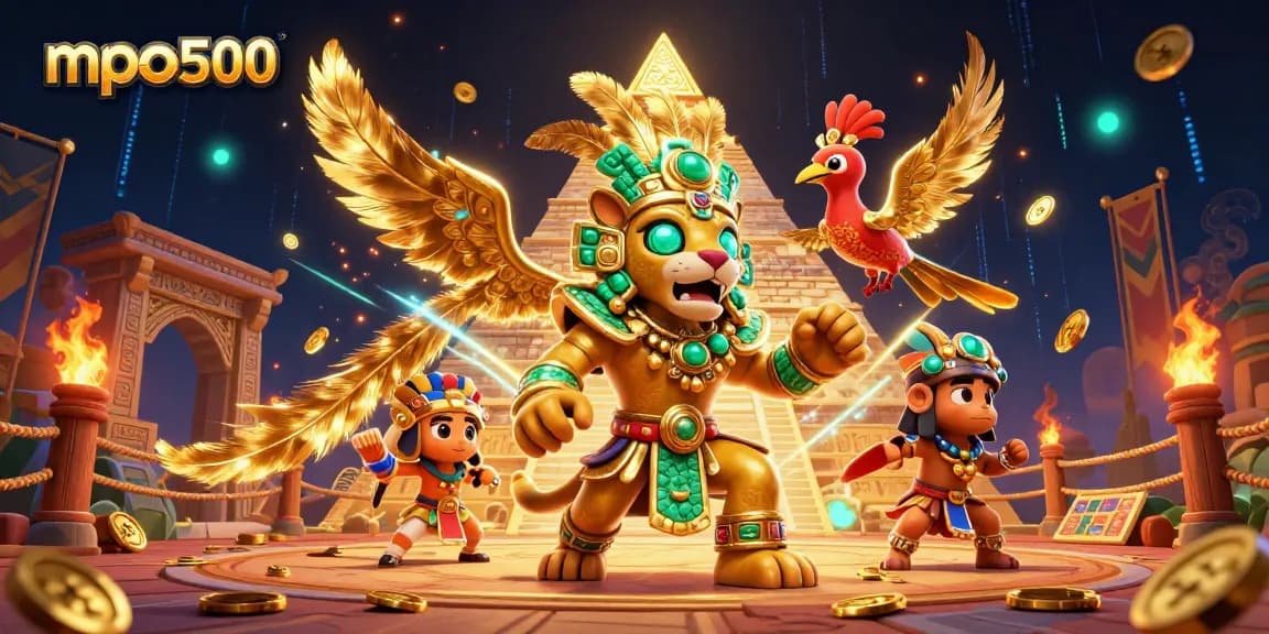 Engage with the mpo500 platform featuring a dynamic Mayan priest and quetzal bird amidst rich casino elements.