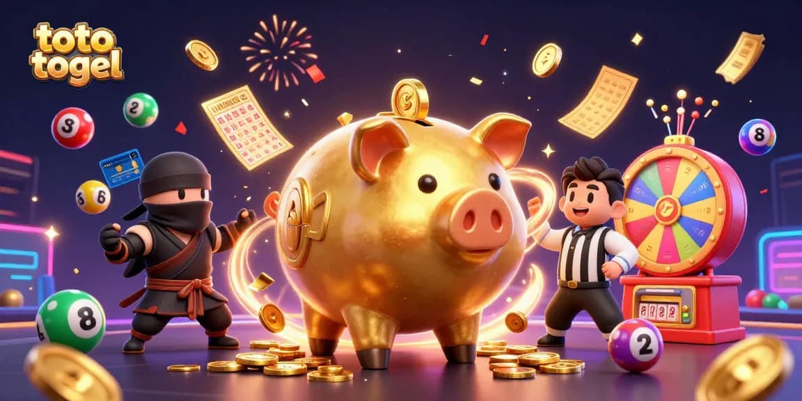 Toto togel illustration with animated lottery balls and a sumo wrestler with gold coins raining down