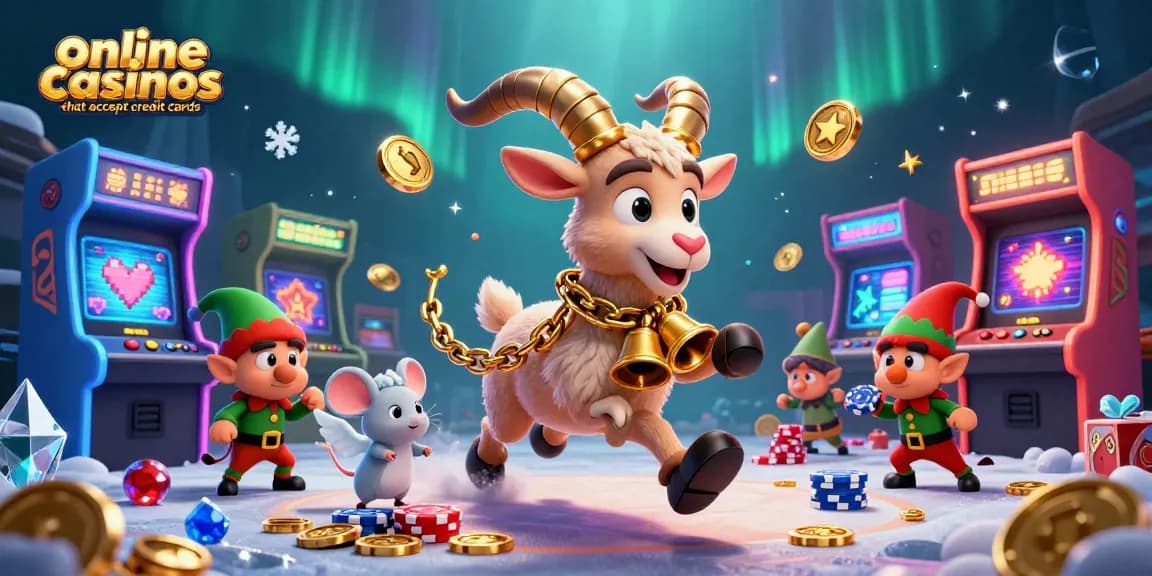 Engage with online casinos that accept credit cards in a lively, festive casino scene featuring characters in action.