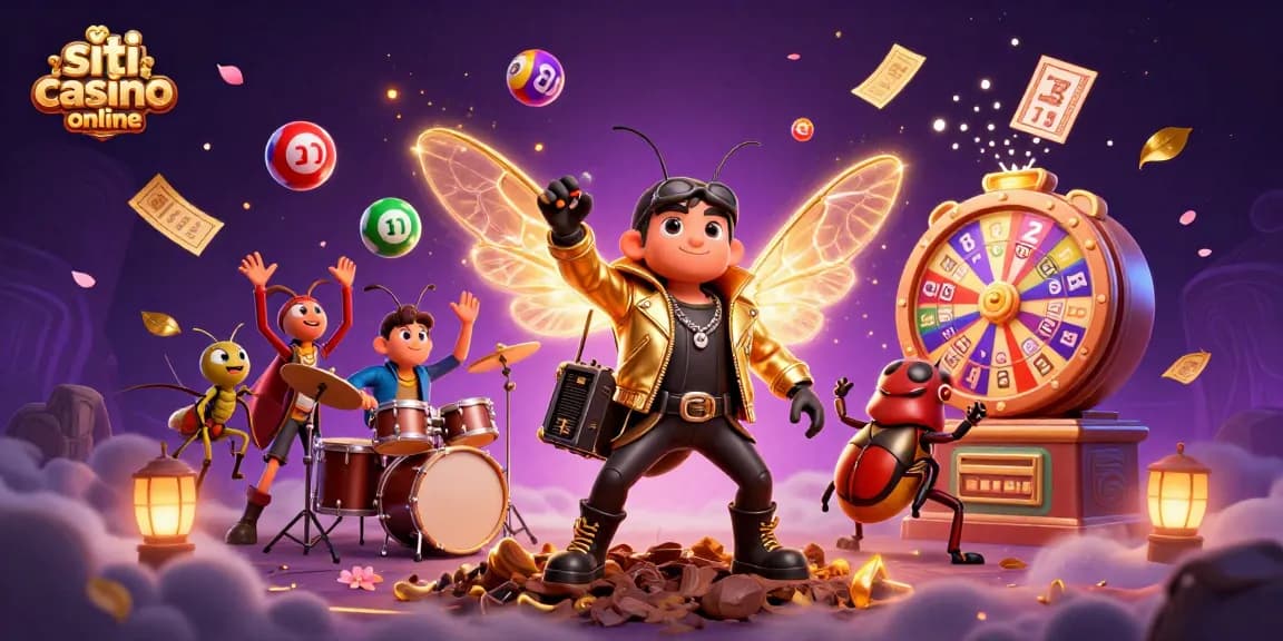 I migliori siti casino online brillano in un'illustrazione vivace di personaggi e giochi, con elementi di fortuna che danzano intorno.