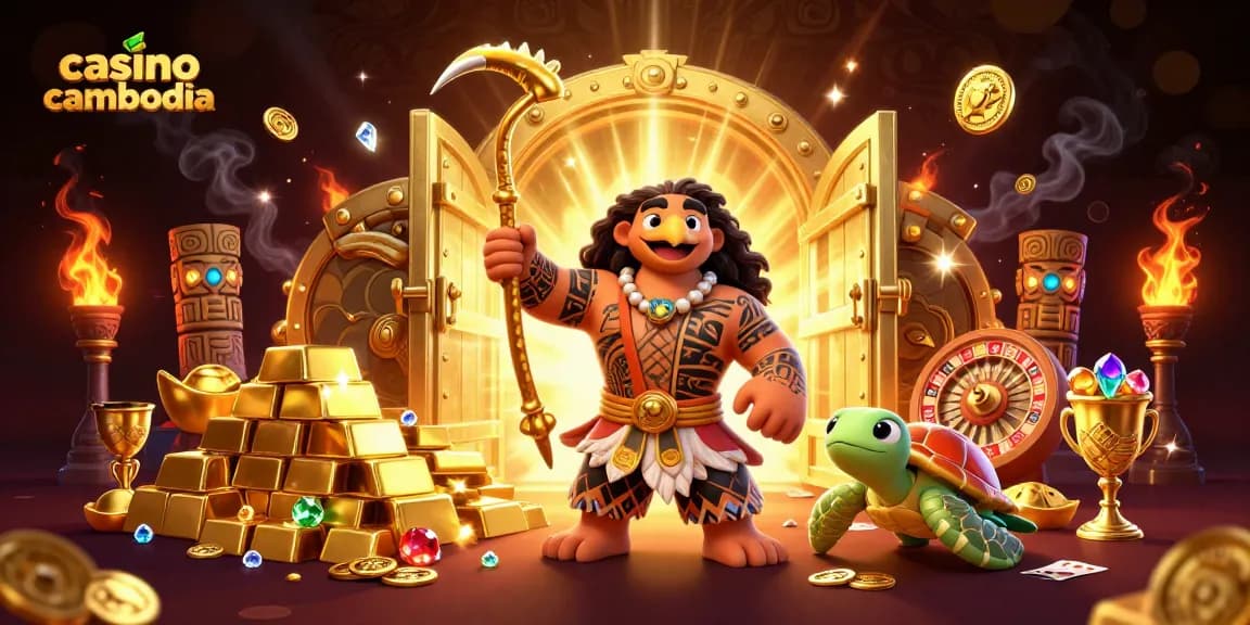 Experience excitement with casino cambodia's vibrant live gaming scene featuring a Polynesian demigod and treasures.