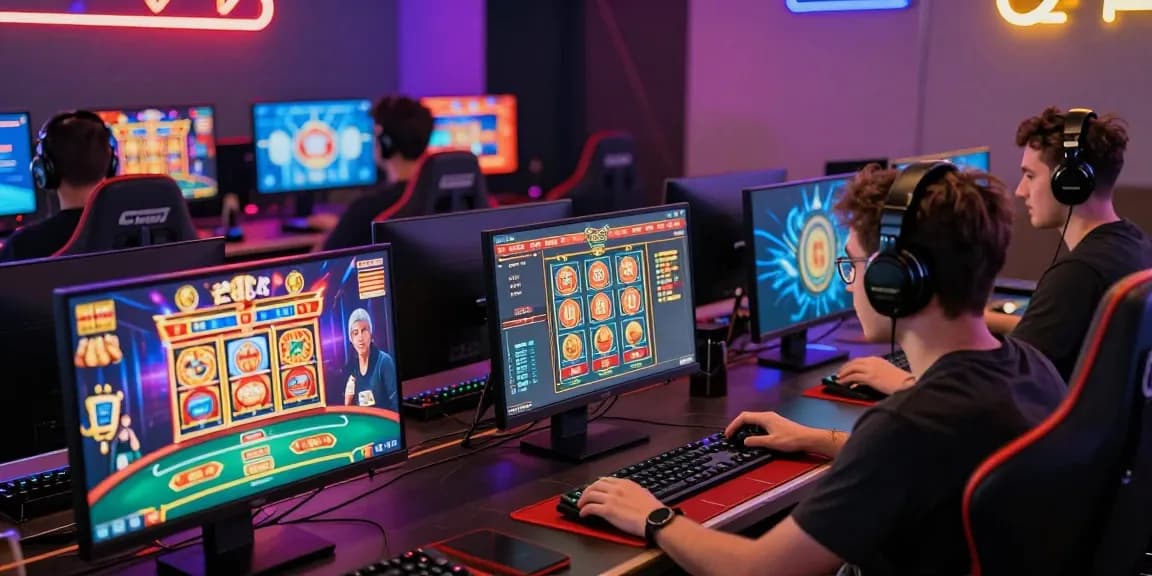 Scène de jeu en ligne excitante montrant des joueurs engagés devant des ordinateurs, mettant en valeur le meilleur casino en ligne France.